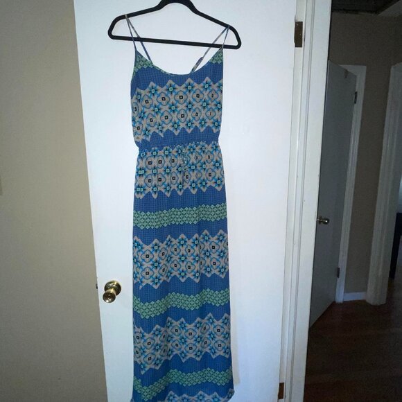 Banana Republic Blue Green Tan Patterned Spaghetti Strap Maxi Dress Size 6 - Picture 1 of 8